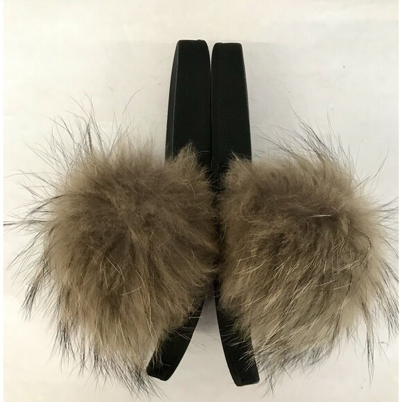 Fur Story Natural Brown Fox Fur & Black Slide Sandals Slippers EU 43.5 US 11 - Picture 6 of 12